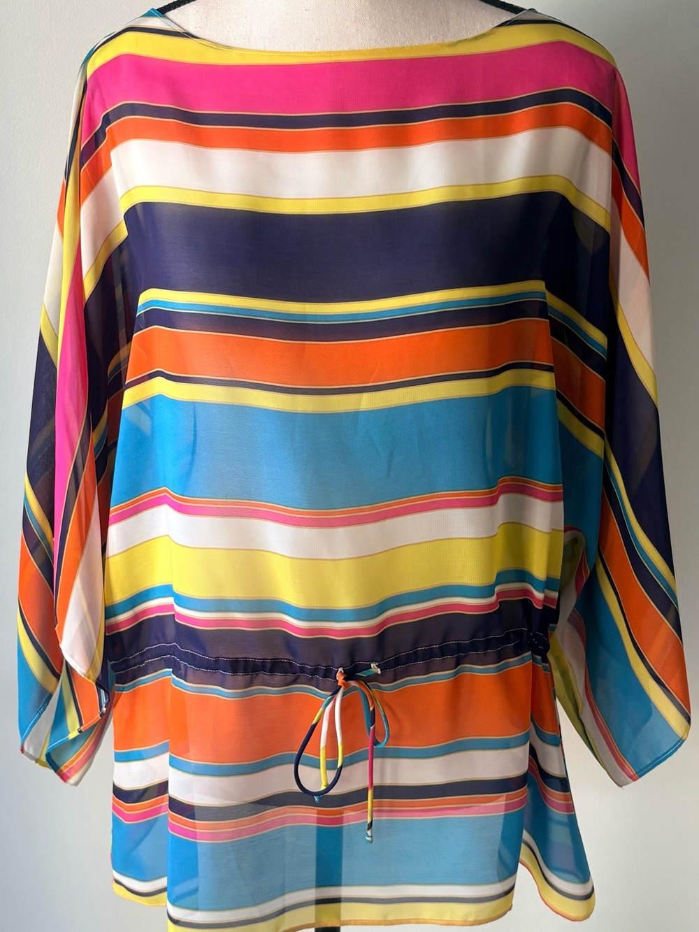 Chaps Bright Multicolor Striped Boatneck Tunic with Drawstring